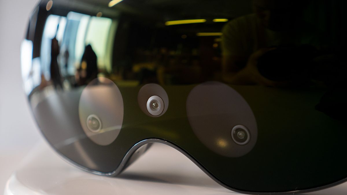A close up of the three cameras on the front of the Meta Quest Pro headsetMeta Quest Pro