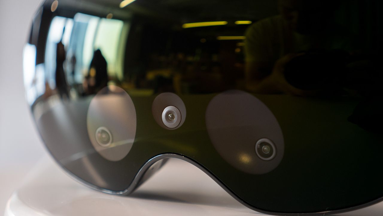 A close up of the three cameras on the front of the Meta Quest Pro headsetMeta Quest Pro