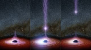 This artist's rendering illustrates how a black hole's corona (depicted in wispy purple) may spin up to form a high-energy jet that shoots away from the system.