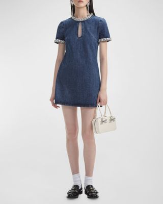 Embellished Denim Short-Sleeve Mini Dress