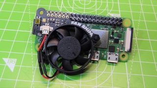 A Raspberry Pi Zero 2 W with Pimoroni Fan Shim Cooling