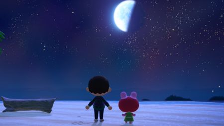Animal Crossing characters look up at the moon