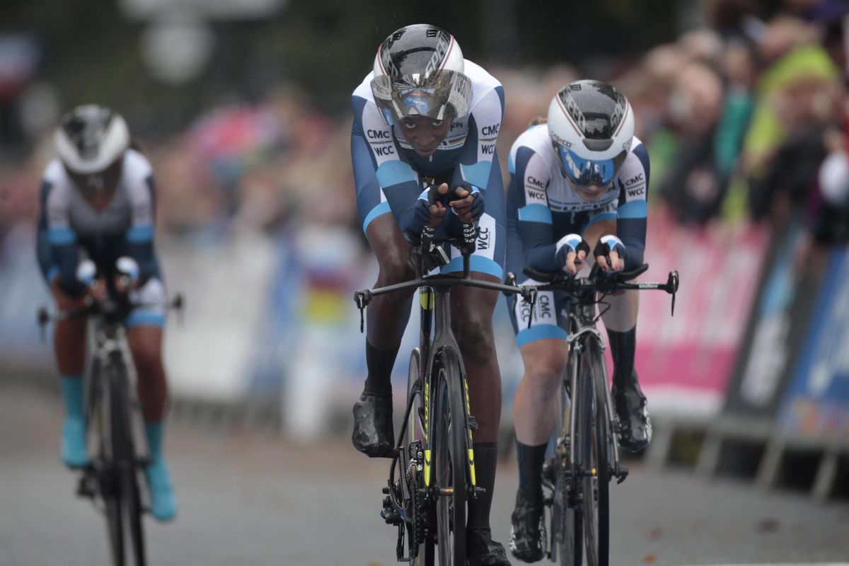 2019 Road World Championship Yorkshire Team Time Trial Mixed Relay Harrogate Harrogate 28 km 22092019 Team UCI Cycling Centre Teniel Campbell Anastasiya Kolesava Fernanda Yapura photo Davy RietbergenBettiniPhoto2019