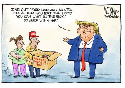 Political cartoon U.S. Trump harvest box budget plan