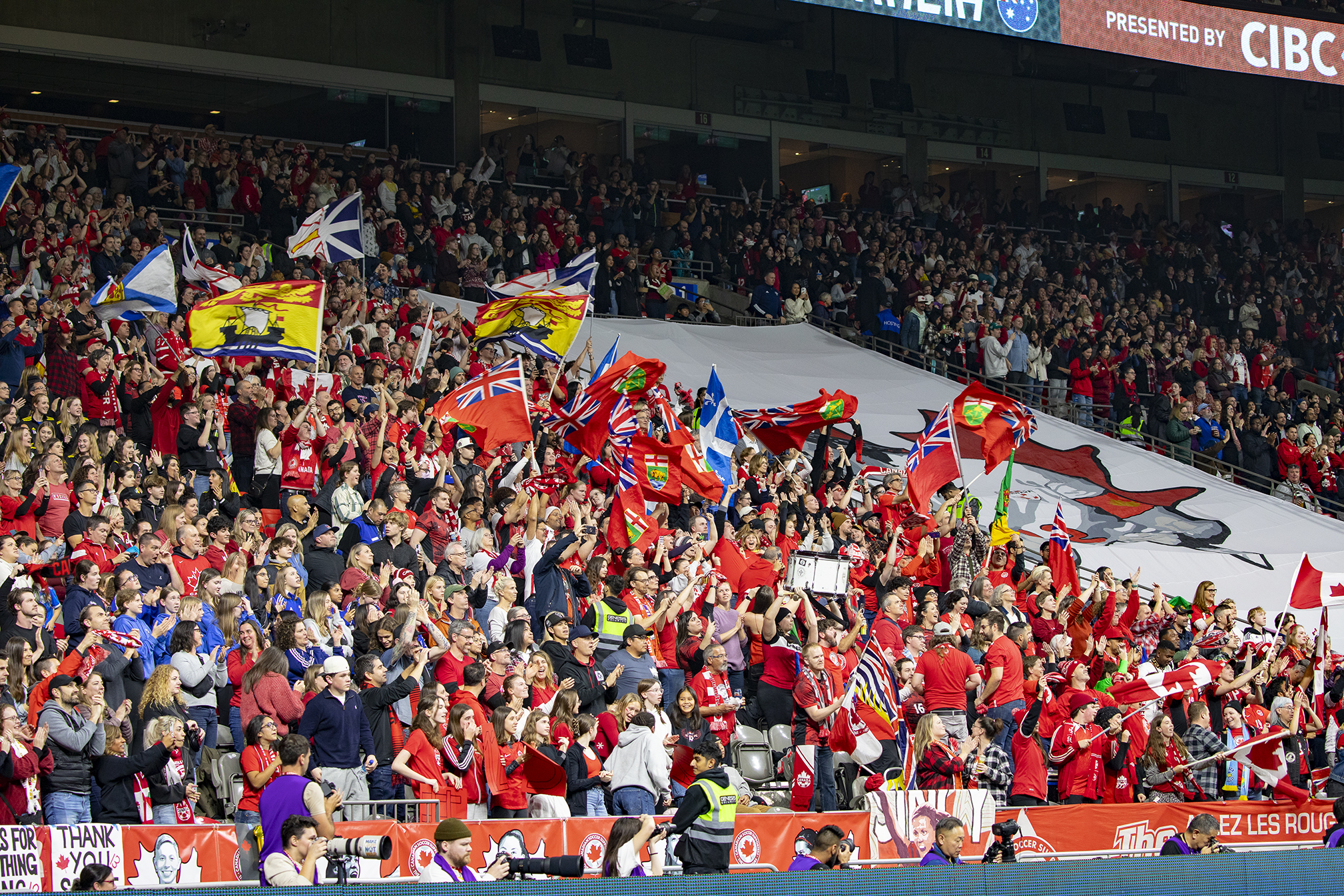 Crowd shot of a Canadian soccer crowd during an international game at BC Place, Vancouver