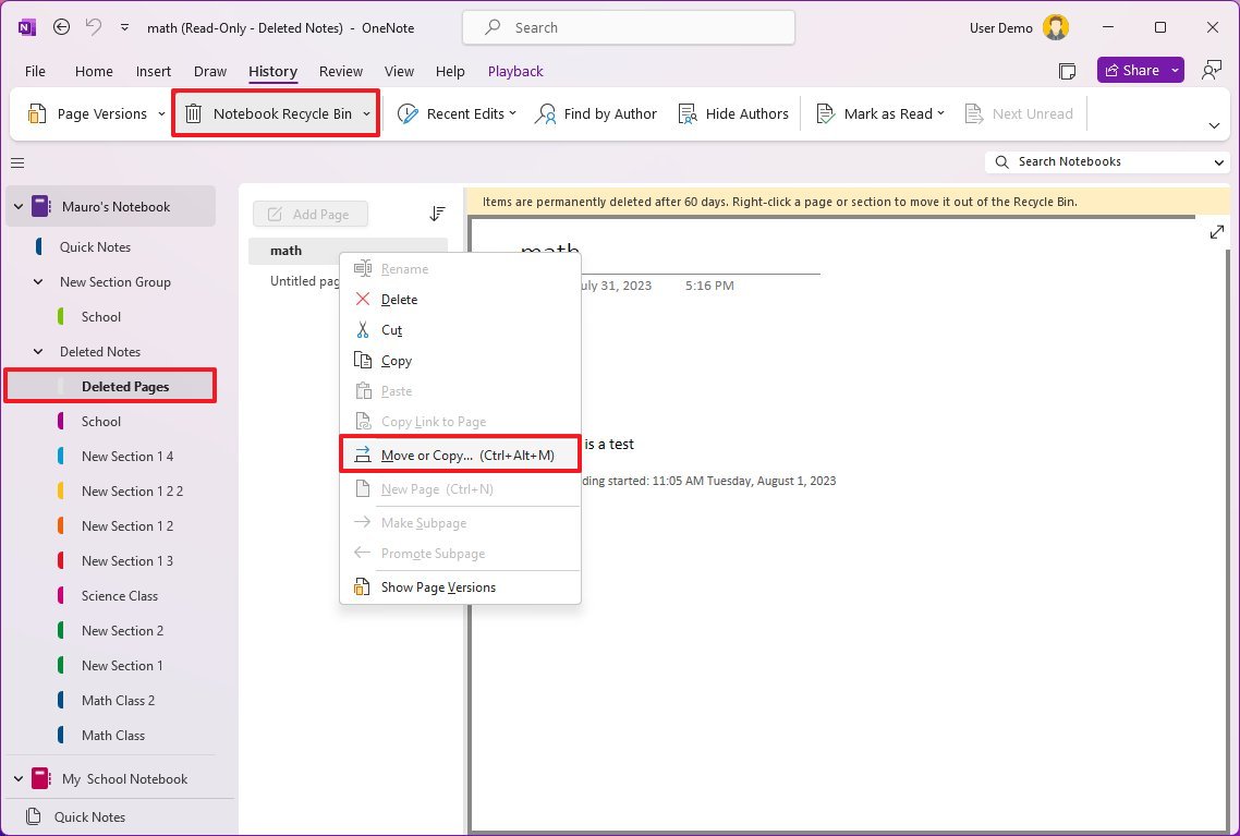 OneNote восстановить страницы