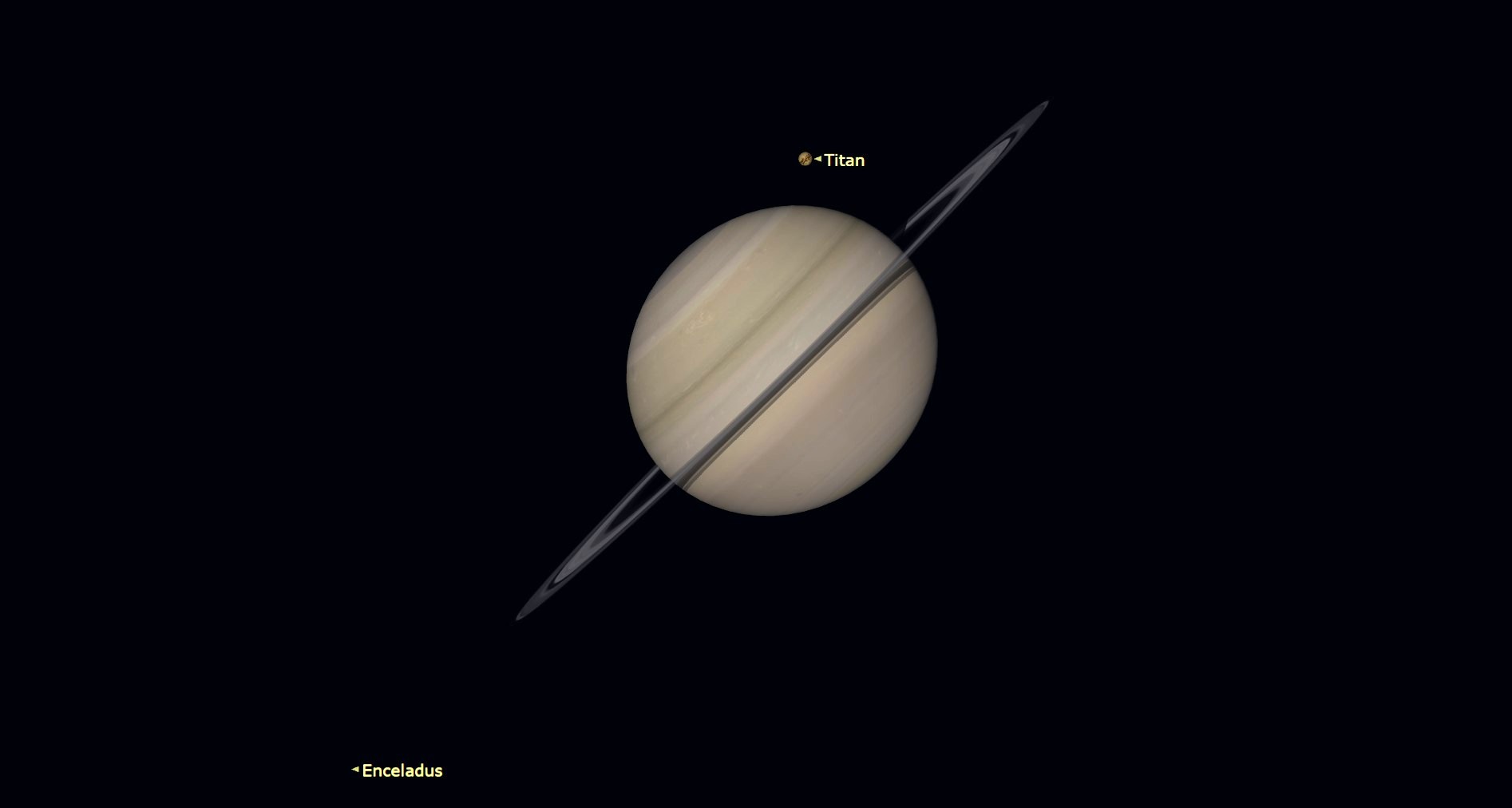 Saturn înclină ușor ușor, inelele sale tăind corpul gazos în jumătate.  Chiar deasupra planetei, o mică lună Titan este etichetată.  Mult mai jos, la stânga, Enceladus.