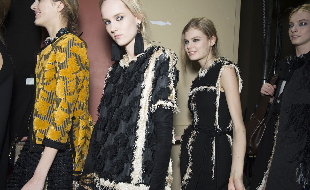 Female models dressed in the Lanvin A/W 2015 backstage of the fashion show