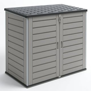 A large grey plastic bin storage unit with a black lid