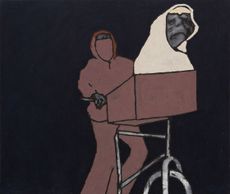 Illustration, black background, boy in brown hooded outfit on a bicycle with a front compartment carrying an E.T creature wrapped in a cream blanket