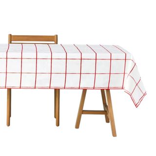 White and red check tablecloth on table