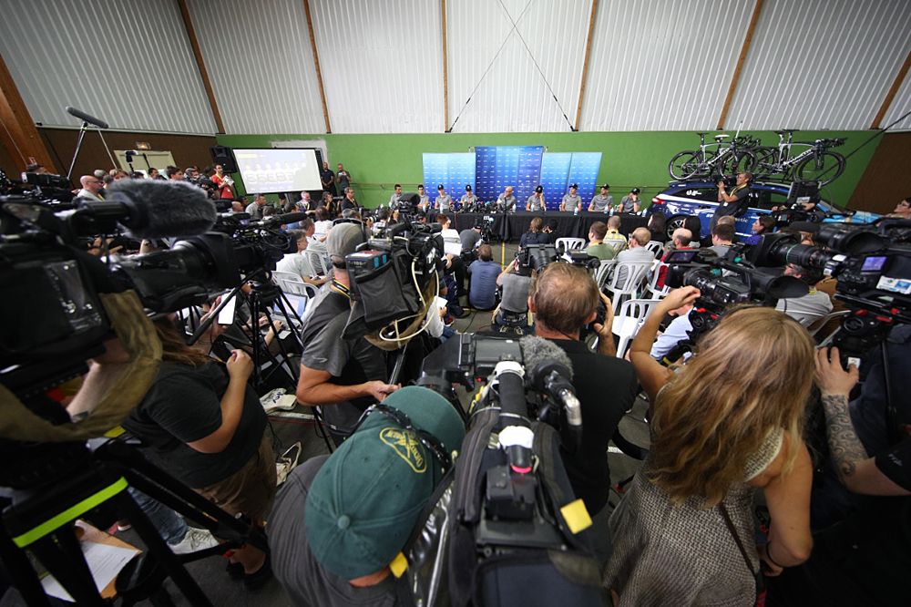 The press assemble for a Team Sky press conference ahead of the Tour de France