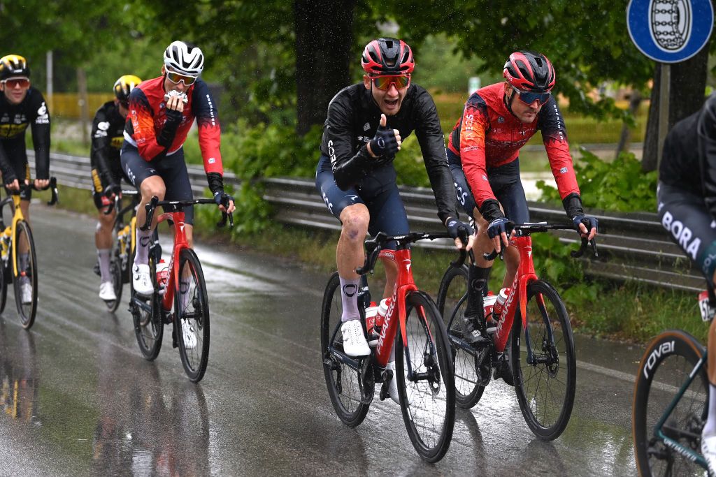 GRAN SASSO DITALIA CAMPO IMPERATORE ITALY MAY 12 LR Tao Geoghegan Hart of The United Kingdom and Pavel Sivakov of Russia and Team INEOS Grenadiers compete during the 106th Giro dItalia 2023 Stage 7 a 218km stage from Capua to Gran Sasso dItalia Campo Imperatore 2123m UCIWT on May 12 2023 in Gran Sasso dItalia Campo Imperatore Italy Photo by Tim de WaeleGetty Images