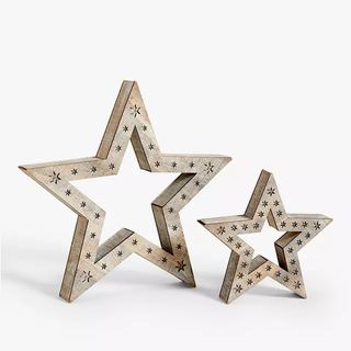 One big and one small light up wooden stars