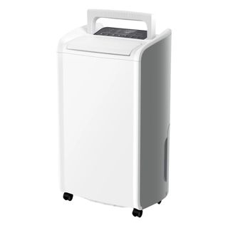White upright dehumidifier which is rectangular and slim with gray sides and a wide static handle at the top for easy moving. It's on four wheels