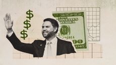 Photo collage of JD Vance, a 100 dollar bill, and a chart in the background