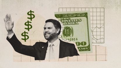 Photo collage of JD Vance, a 100 dollar bill, and a chart in the background