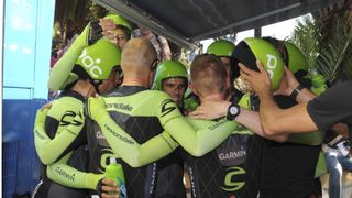 The Cannondale Garmin riders formed a congratulatory huddle together as soon as they arrived back from the TTT