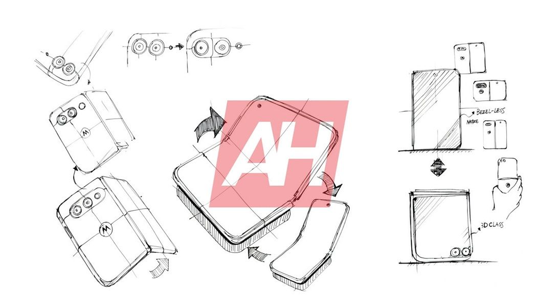 Various leaked sketches purporting the alleged design of a "wide" Razr Fold from Motorola.