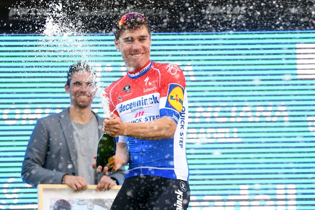 VALENCIA SPAIN FEBRUARY 09 Podium Fabio Jakobsen of The Netherlands and Team Deceuninck QuickStep Celebration Champagne during the 71st Volta a la Comunitat Valenciana 2020 Stage 5 a 977km stage from Paterna Valencia VueltaCV VCV2020 on February 09 2020 in Valencia Spain Photo by David RamosGetty Images