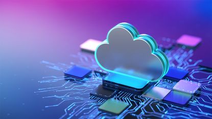 Cloud storage concept image showing a cloud symbol placed on top of microchips connected to a digital interface.