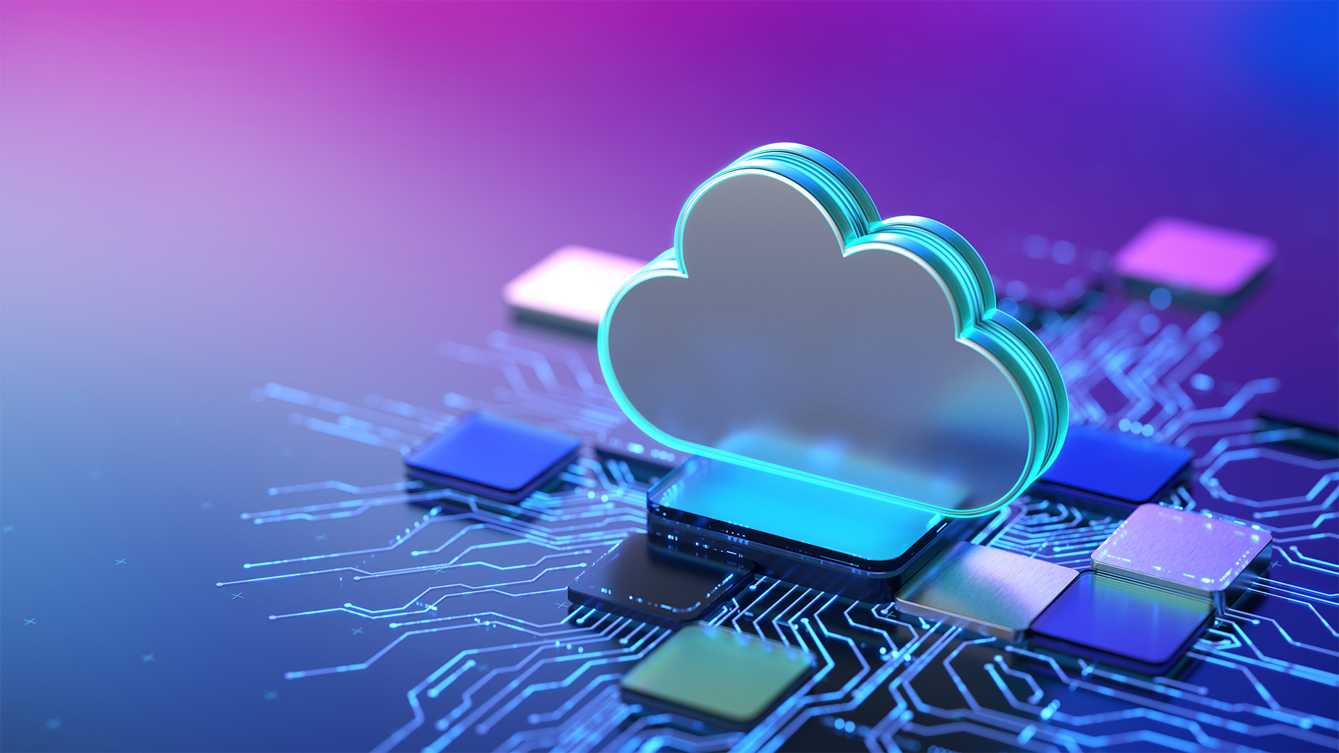 Cloud storage concept image showing a cloud symbol placed on top of microchips connected to a digital interface.
