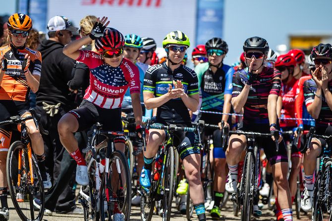 US road race champion Coryn Rivera (Team Sunweb) waves to the crowd at the start of stage 1 of the 2019 Tour of California Women's Race