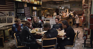 Chris Hemsworth, as Thor, is one of the Avengers eating Shwarma in The Avengers