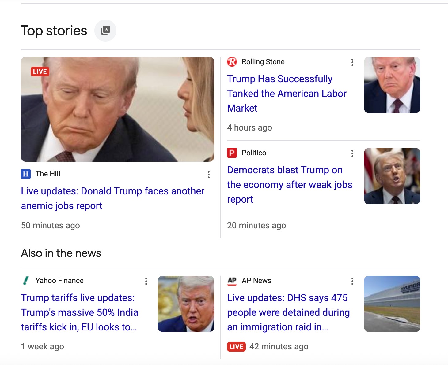 A screenshot of a Google Top Stories box showing news articles about Donald Trump.