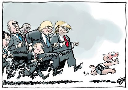 Political Cartoon U.S. Trump Boris Johnson right wing 2020