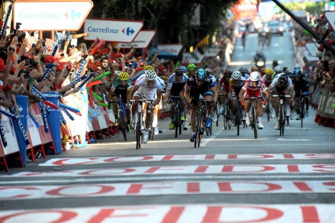 The finish of stage 12 at the Vuelta a Espana came down to a two-man drag race between world champion Philippe Gilbert (BMC) and Edvald Boasson Hagen (Sky)