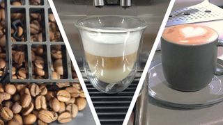 Coffee beans, latte macchiato, and caffe latte