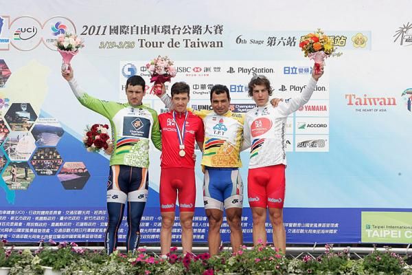 Stage six podium (l-r): Mart Ojavee, points leader; Adam Semple, stage winner; Mehdi Sohrabi, GC leader; and Adam Phelan, best young rider.