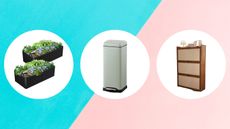 Wayfair sales items including raised garden beds, a retro mint garbage can and a rattan wood dresser on a pink and blue background