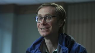 Stephen Merchant's Gregory Dillard smiling awkwardly on The Outlaws