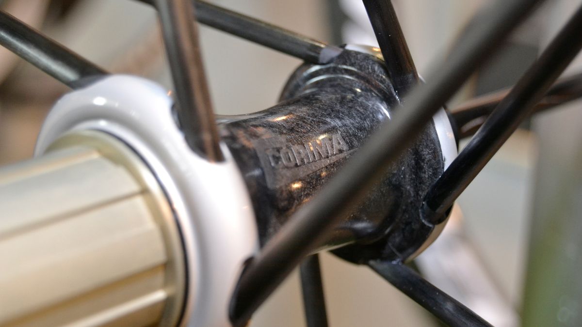 The unidirectional carbon fibre hub shell of the S+ wheels. Corima have a new tool-free method of changing the freehub