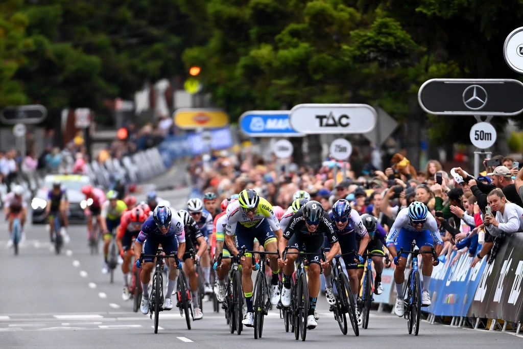 GEELONG AUSTRALIA JANUARY 29 A general view of Marius Mayrhofer of Germany and Team DSM Hugo Page of France and Team Intermarch Circus Wanty Simon Clarke of Australia and Team Israel Premier Tech Michael Matthews of Australia and Team Jayco Alula Corbin Strong of New Zealand and Team Israel Premier Tech and Caleb Ewan of Australia and Australian National Team sprint to win during the 7th Cadel Evans Great Ocean Road Race 2023 Mens Elite a 1743km one day race from Geelong to Geelong CadelRoadRace on January 29 2023 in Geelong Australia Photo by Tim de WaeleGetty Images