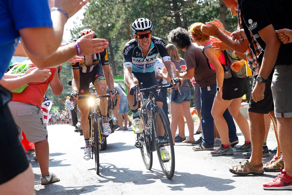 Rigoberto Uran climbs during stage 14.