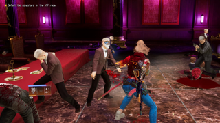 Slashing an enemy with a katana in a nightclub.