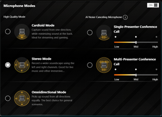 A screenshot from the Mic Modes menu in an ASUS TUF Gaming A15 laptop