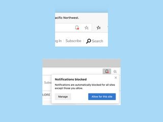 Notifications will appear as an unobtrusive bell icon (top screenshot) in Microsoft Edge. Click that bell icon to allow notifications from a particular site (bottom screenshot).