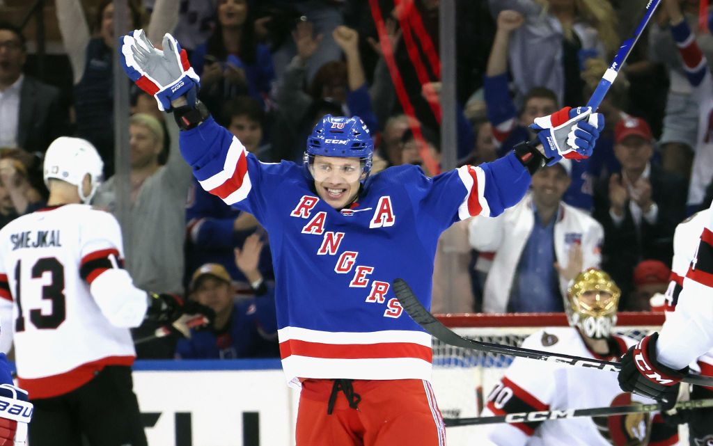 Artemi Panarin #10 of the New York Rangers celebrates his third period goal against the Ottawa Senators at Madison Square Garden on April 15, 2024