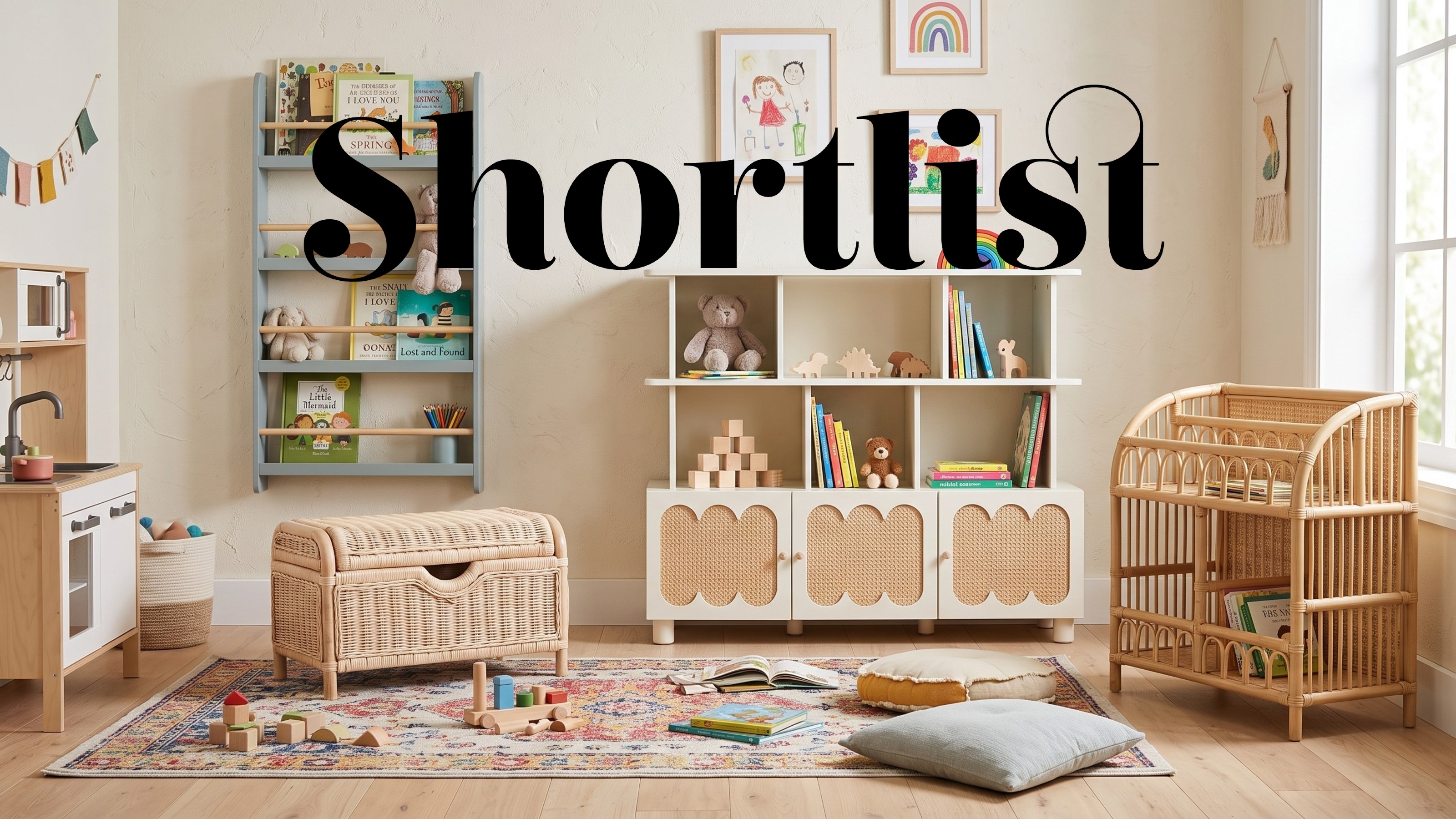 A playroom with an off-white bookcase with rattan inserts, a wall shelf and a rattan toy storage ox on a patterned rug in the middle