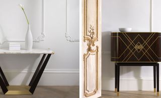Left: a photo of a white marble side table with four inward pointing brown legs. Right: a photo of the Carraway drinks cabinet