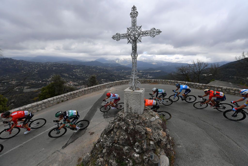 NICE FRANCE MARCH 17 Wilco Kelderman of Netherlands and Team Sunweb Patrick Konrad of Austria and Team BoraHansgrohe Ilnur Zakarin of Russia and Team Katusha Alpecin Manuel Amaro Antunes of Portugal and CCC Team Quentin Pacher of France and Team Vital Concept BB Hotels Hector Carretero of Spain and Movistar Team Dylan Teuns of Belgium and Team Bahrain Merida dLandscape Mountains Landscape during the 77th Paris Nice 2019 Stage 8 a 110km stage from Nice to Nice PN ParisNice on March 17 2019 in Nice France Photo by Justin SetterfieldGetty Images