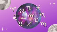 The zodiac signs and the full moon against a purple background