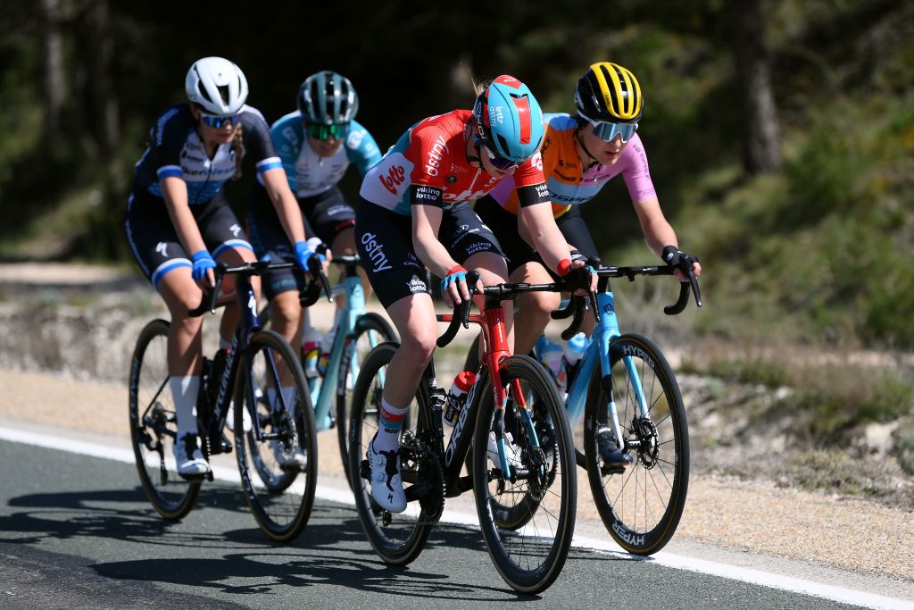 VINUESA SPAIN MAY 03 LR Laura Molenaar of The Netherlands and VolkerWessels Womens Pro Cycling Team Claudia San Justo of Spain and Eneicat CMTeam Fauve Bastiaenssen of Belgium and Team Lotto Dstny Ladies and Aurela Nerlo of Poland and Team Winspace compete in the breakaway during the 10th La Vuelta Femenina 2024 Stage 6 a 1321km stage from Tarazona to La Laguna Negra Vineuesa 1722m UCIWT on May 03 2024 in Vineuesa Spain Photo by Alex BroadwayGetty Images