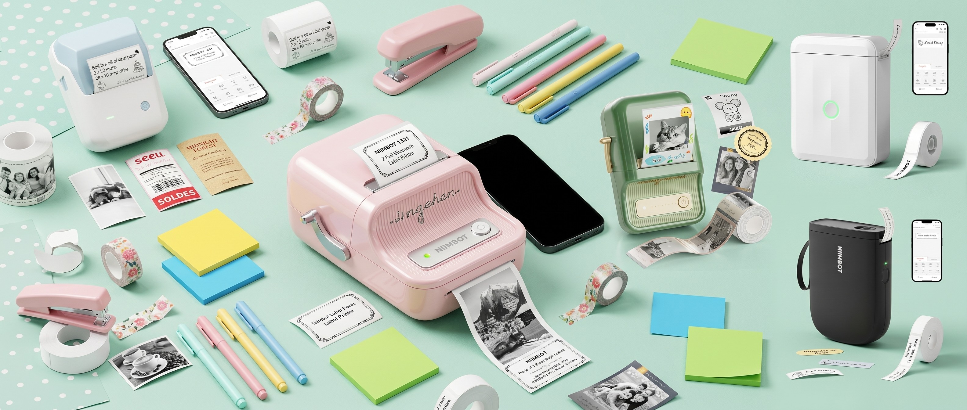 Niimbot label makers and labels on a green background