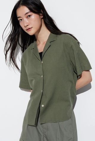UNIQLO Linen Blend Open Collar Short-Sleeve Shirt