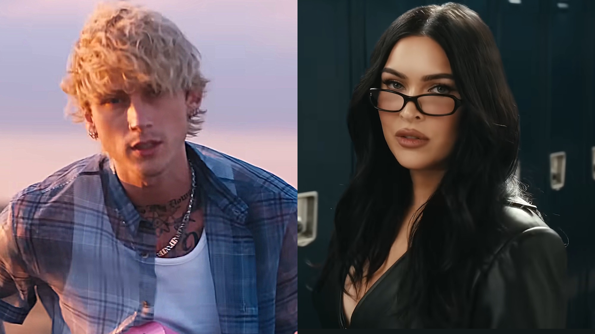 Machine Gun Kelly plays guitar in his "My Ex's Best Friend" music video, while Megan Fox is shown in black glasses and a black leather jacket in an ad for Dr. Squatch.